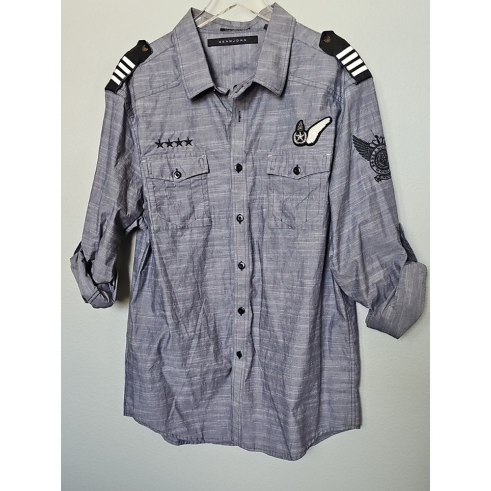 Sean John Military Pilot Button Down Shirt Streetwear Blue Gray XXL Y2K